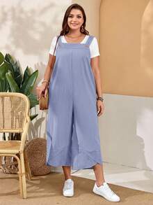 EMERY ROSE Plus Size Women'S Black Overalls With Adjustable Straps, Button Closure And Pockets On Split Legs For Spring Summer Outfits Summer Clothes  Spring  Spring Outfit Women Spring Clothes Country Style For Women Blue Jumpsuit Plus Size Casual Jumpsuits For Woman Summer Jumpsuits For Woman - Dusty Blue - View 3