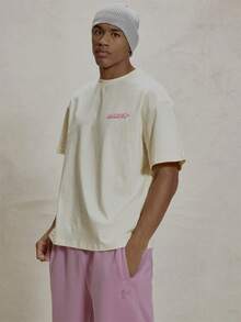 Musero Áo thun cổ tròn dáng rộng tay ngắn vai rớt in họa tiết, kiểu dáng thiết yếu cho mùa xuân và hè. - Màu be - Xem 4