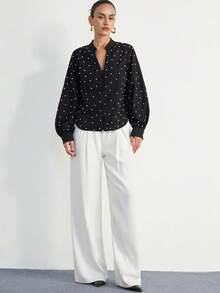 Aveloria Modichic Women's Casual Loose Fit V-Neck Beaded Design Long Sleeve Blouse, Comfortable For Commuting - Black - View 5