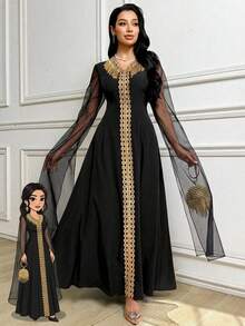 Al Najma Women's Waist-Cinched Elegant Arabic Style Maxi Dress With V-Neck, Tassels And Sheer Long Sleeves, Summer - Black - View 7