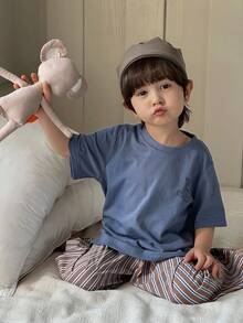 Dazy Kids Young Boy Summer Casual Solid Color Round Neck Short Sleeve T-Shirt And Striped Pants Pajama Set Spring - Blue - View 5