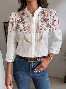 SHEIN Clasi 女士花卉印花簡約日常長袖襯衫 - 白色 - 查看 4