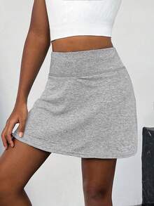 SHEIN Váy ngắn thể thao dệt kim nhiều màu sắc có túi dành cho bé gái tuổi teen, thích hợp mặc mùa hè. - Màu Xám nhạt - Xem 5