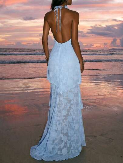 Opulessa Valentine's Day Birthday Beach Women's Solid Color Blue Woven Halter Backless Dress, Suitable For Spring/Summer Vacation Light Blue Long Dress Backless Dresses Baby Blue Maxi Dress, Spring To Summer, Valentine's Day, Carnival Costume, Elegant Dresses For Party, Beach Outfit, Wedding Guest Dresses, Summer Vacation Outfits, Casual Dress, Mermaid, Bohemian Outfits, Ibiza Outfits, Western Style