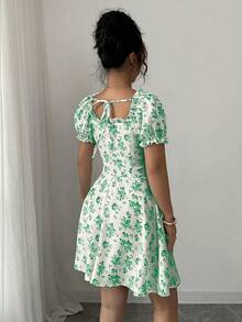 Rafferiza 女士碎花方领泡泡袖荷叶边腰带中长连衣裙 - 彩色 - 查看 2