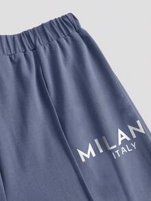 SHEIN Girlism Bộ 2 món dành cho nữ tuổi teen, áo thun tay raglan cổ tròn dáng rộng thoải mái và quần short in họa tiết, áo thun dệt kim nhẹ và quần short có dây rút, phù hợp cho mặc hàng ngày, đi học, nghỉ lễ và các hoạt động ngoài trời. - Màu xanh bụi bặm - Xem 7