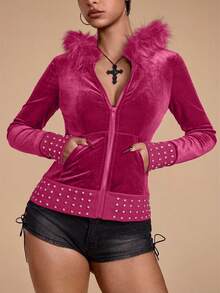 ROMWE Grunge Punk SpringValentine's DayY2K Style Velvet Zip-Up Sweatshirt With Rhinestone Decor, Fitted For Women - Pink - View 8