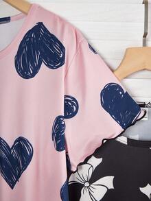 2件套少女简约优雅睫毛印花圆领短袖睡衣休闲家居服套装 - 彩色 - 查看 8