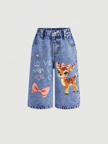 SHEIN Baby GirlCute Cartoon Deer Pattern Blue Denim Loose Pants - Medium Wash - View 5