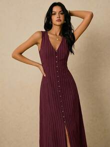 Poéselle Women's Striped Single-Breasted V-Neck Sleeveless Casual Dress - Burgundy - View 7