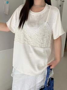 Dazy Plus 大尺碼女款對比蕾絲圓領短袖寬鬆襯衫 夏季度假風 - 杏色 - 查看 7