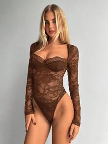Aloruh 女士性感优雅蕾丝罩杯细节长袖蕾丝文胸 - 棕色 - 查看 1