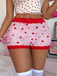 Eraneu 女士时尚草莓印花撞色蕾丝平角内裤 - 彩色 - 查看 1