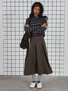 COUREZ Pleated Midi Skirt In Nylon /Y2K Spring Clothes For Women - Olive Green - View 1