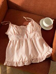SHEIN EZwear 女士宽松休闲橙色格子荷叶边吊带背心，春夏款 - 橘色 - 查看 6