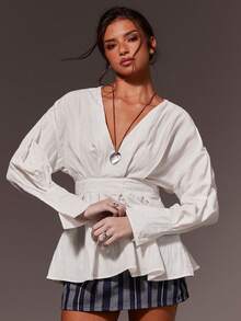 Athîral Áo sơ mi nữ dáng suông cổ chữ V tay dài, màu trơn, kiểu dáng thường ngày, xếp ly ở eo. - trắng - Xem 5