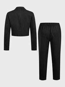 HIMLAND 男士条纹印花翻领商务西装套装，包括外套和裤子，尽显复古绅士风范，适合婚礼、婚礼等场合，也可作为度假、海滩度假礼物送给丈夫或男友，简约时尚，通勤必备。男士套装，包括细条纹西装和两件套，以及细条纹裤子。 - 黑與白 - 查看 5