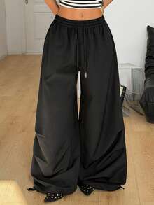 Coolane Quần nữ màu đen dệt kim, ống rộng, cạp chun, dáng suông, thoải mái - màu đen - Xem 3