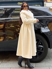 NegzBox 女士仿毛皮领双排扣大衣 - 杏色 - 查看 6