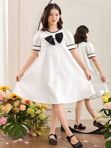 SHEIN Tween Girl Elegant Gorgeous Cute Colorblock Puff Sleeve A-Line Dress, Suitable For Parties, Gatherings And Outings Girls Matching Dresses Twin Girl Dresses - Black and White - View 3