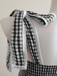 Elamini Women's Plaid Knot Shoulder Design Ruffle Hem Fashionable Versatile Top For Dates And Parties - Black - View 4