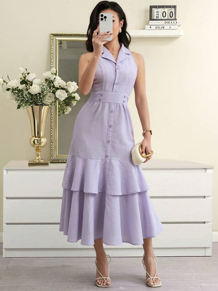 Modelyn Vestido casual de longitud media sin mangas con botones delanteros y estampado de rayas para mujer - Púrpura malva - Ver 1