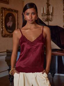 Athîral Women's Solid Color Contrast Lace Elegant Camisole - Burgundy - View 3