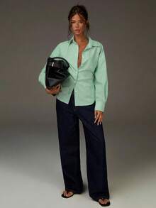 Athîral Women's Striped Drop Shoulder Long Sleeve Casual Shirt With Back Knot - Green - View 3