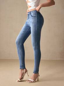 Selenza Quần jean denim rách cạp cao co giãn dành cho nữ cỡ lớn, kiểu vintage, dáng ôm sát, ống quần thon gọn. - Rửa trung bình - Xem 4