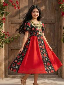 Sparklyn Tween Girls Elegant Floral Patchwork Contrast Color Gold Ribbon Dress - Multicolor - View 4