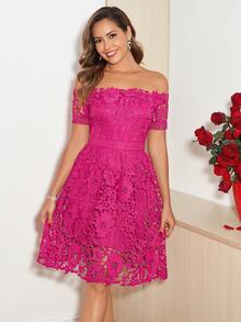 Ellevyn 女士新款优雅露肩收腰A字连衣裙，修身剪裁，适合情人节、约会、下午茶等场合 - 玫紅色 - 查看 9