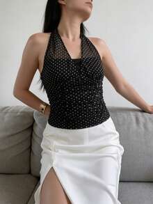 Franclia 2026 New Arrival Women's Halter Mesh Top - Black & White Polka Dot Ruffled Design, Summer Minimalist Blouse For Casual & Office Wear - Black and White - View 4