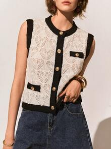 Poéselle Women's New Casual Loose Personalized Minimalist Commuting French Style Hollow Out Sleeveless Knit Top, Spring/Summer - Black and White - View 3