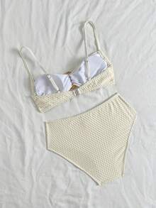 SHEIN Teen Girls Gold Clasp Jacquard Tankinis - Apricot - View 8