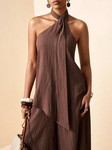 Zivah 女士纯色露背不对称下摆上衣搭配阔腿裤休闲套装 - 棕色 - 查看 8