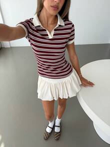 Aloruh 女士休闲 Polo 领修身条纹印花短袖 T 恤 - 彩色 - 查看 6