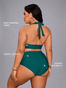 Shapewave Plus Size Women Solid Color Beach Swimwear Set - Army Green - View 7