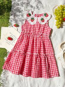 Vintaside Kids Girls' Sleeveless Lace Collar Plaid Casual Dress, Suitable For Traveling, Vacation, Camping Or Daily Outings - Red - View 5