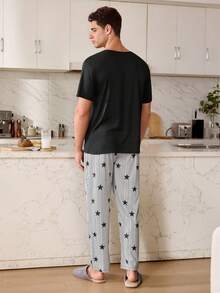 SHEIN Men's Casual Striped & Star Print Short Sleeve Pajama Set - Multicolor - View 7