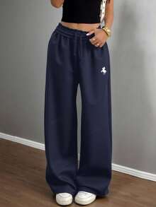 SHEIN Teen Girls Casual Loose Fit Low Waist Elastic Waistband Wide Leg Sweatpants, Versatile For Spring, Summer, Autumn, Winter - Navy Blue - View 5