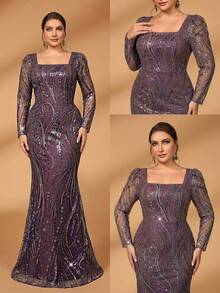 Serin Plus Size Elegant Purple Square Neck Puff Sleeve Sequin Mesh Mermaid Dress,Dusty Pink,Spring,Bridesmaid,Formal Party,Wedding Mother Of Bride Gown - Purple - View 9
