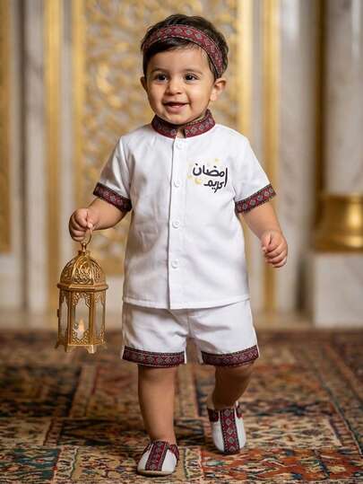SHEIN 2pcs Baby Boy/Unisex Infant Toddler 0-3Y Casual Fashion Woven Colorblock Geometric Striped Ruffle Letter Print Mandarin Collar Short Sleeve Shirt And Ruffle Woven Shorts Set, Suitable For Spring/Summer, Daily, Outdoor, Home, Basic Versatile, Fashionable, Arabic, Muslim Clothing Baby Boy Arab Dress Baby Boy Party Wear Baby Boy Clothes Boys Outfit Sets Baby Casual Sets
