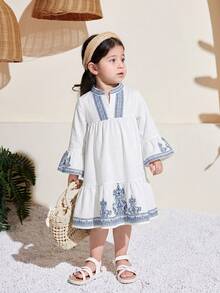 SHEIN Baby Girls' Minimalist Print Long Sleeve Dress - Blue and White - View 7