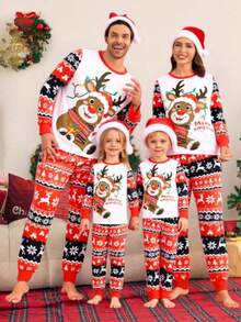 SHEIN 2件套男童圣诞驯鹿印花柔软牛奶丝长袖上衣和裤子睡衣套装 - 彩色 - 查看 1