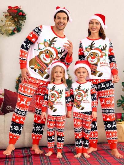 SHEIN 2件套男童圣诞驯鹿印花柔软牛奶丝长袖上衣和裤子睡衣套装