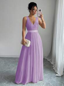 Selianne Đầm maxi dự tiệc không tay cổ chữ V, eo thon, dáng chữ A, thanh lịch và lãng mạn dành cho nữ. - Màu tím hoa cà - Xem 4