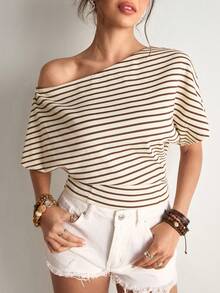 Freevana 波西米亚风罗纹露肩休闲T恤，针织修身短款宽松上衣，性感露肩短款百搭上衣 - 彩色 - 查看 1