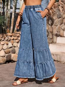 Breezaya 女士纯色休闲牛仔裤 - 淺色水洗藍 - 查看 3