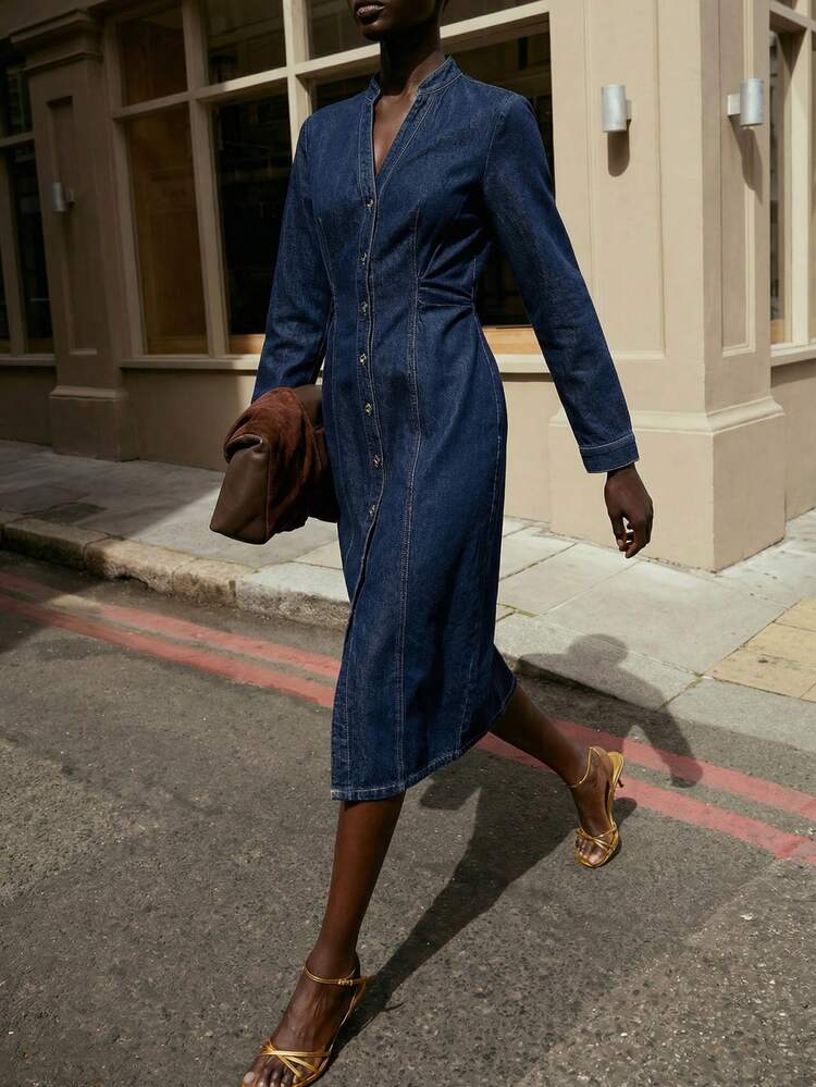SHEIN Maija Robe en jean ajustée à manches longues et boutonnage simple pour femmes