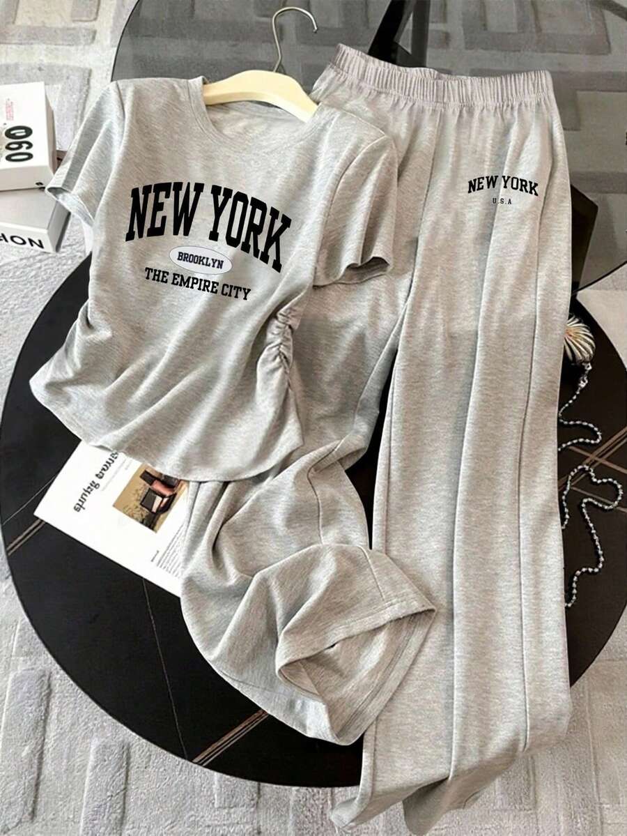 一件式短袖休闲印花春夏少女夏季通勤套装，运动休闲直筒裤，短袖轻便舒适两件套。 - 灰色 - 查看 1